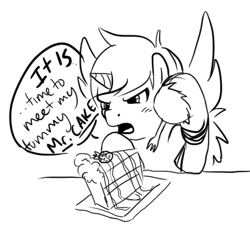 cake cute english_text equine food horn low_res male mammal monochrome my_little_pony original_character sketch text winged_unicorn wings work_in_progress
