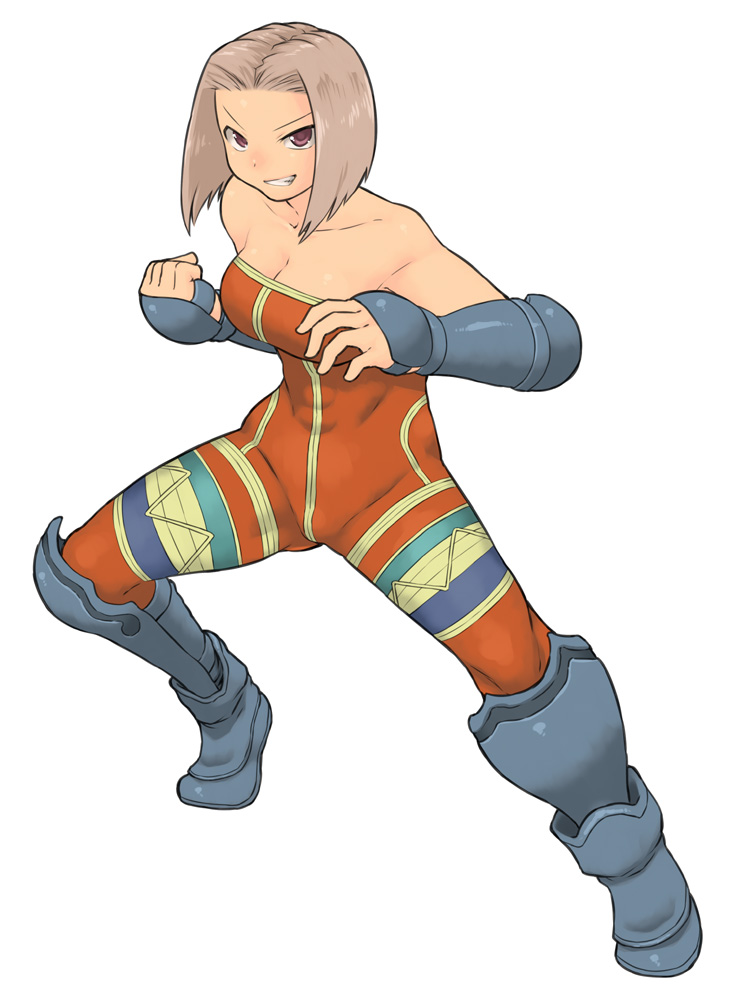 alternate_color bare_shoulders boots breasts brown_hair bursting_breasts cleavage fighting_stance final_fantasy final_fantasy_tactics full_body gauntlets grin large_breasts monk_(fft) purple_eyes short_hair simple_background smile solo tsukudani_(coke-buta) unitard white_background