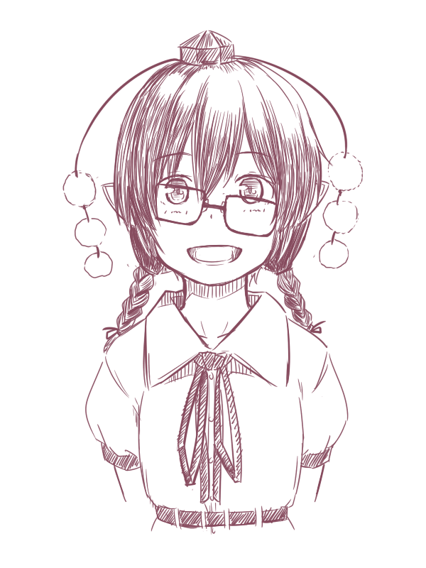 :d alternate_hairstyle bespectacled braid glasses hat kawashina_(momen_silicon) looking_at_viewer monochrome open_mouth pointy_ears shameimaru_aya sketch smile solo tokin_hat touhou twin_braids upper_body white_background