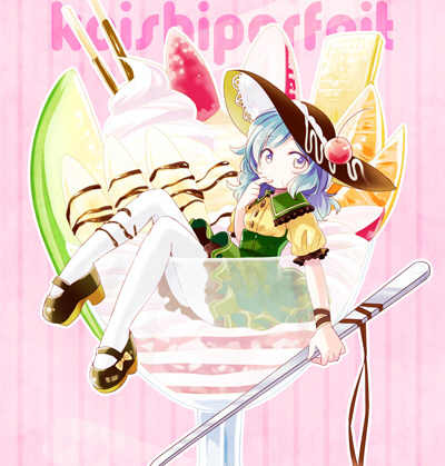 blue_hair chaba_(hortensia) cherry finger_in_mouth food fruit glass grey_eyes hat in_food komeiji_koishi long_hair looking_at_viewer lowres melon minigirl orange parfait pocky puffy_sleeves ribbon shirt short_sleeves sitting skirt solo touhou whipped_cream wrist_ribbon