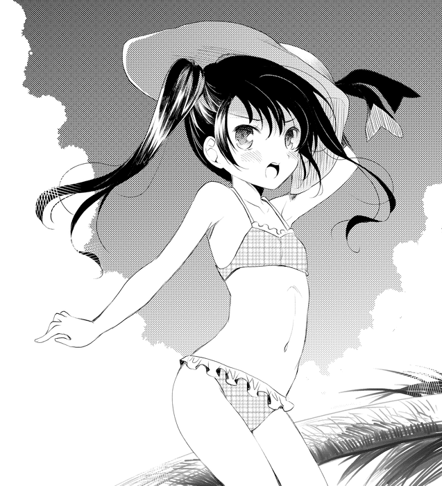 :o arm_up bad_id bad_pixiv_id bikini blush collarbone copyright_request greyscale hat komi_zumiko long_hair monochrome navel open_mouth solo swimsuit twintails v-shaped_eyebrows