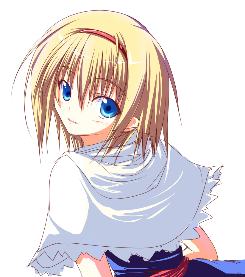 alice_margatroid blonde_hair blush capelet from_behind hairband nirap short_hair smile solo touhou upper_body