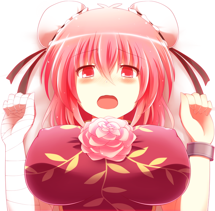 bad_id bad_pixiv_id bandages banned_artist blush breasts covered_nipples cuffs double_bun flower ibaraki_kasen impossible_clothes impossible_shirt kisaragi_zwei large_breasts open_mouth pink_eyes pink_hair shackles shirt short_hair solo touhou