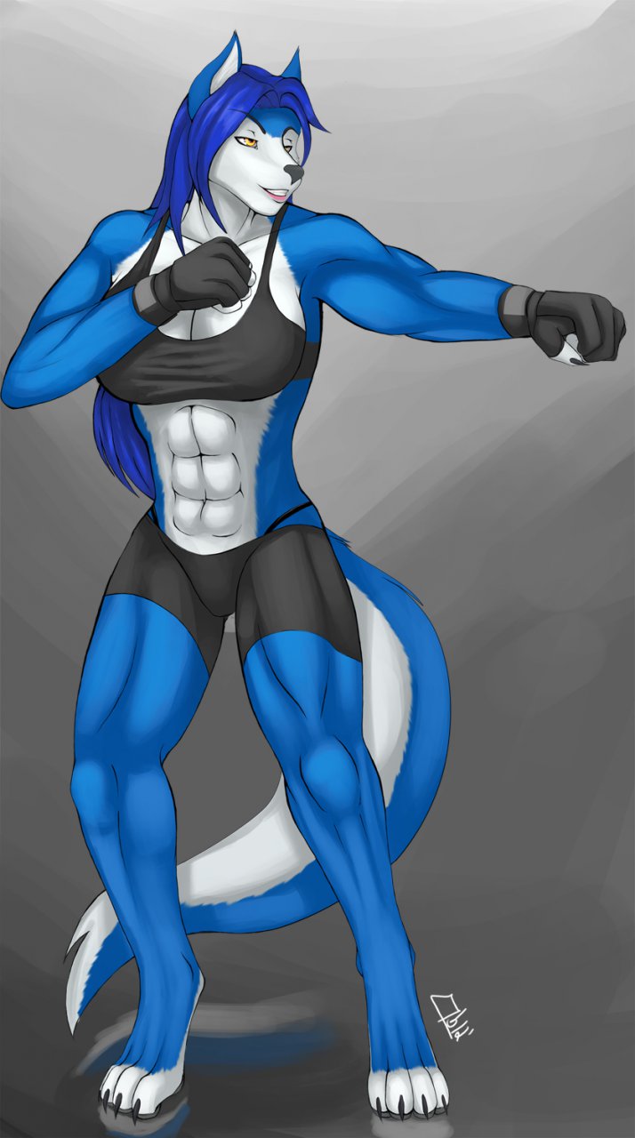 abs anthro biceps blue_fur breasts canine clothing female fighter fur gloves hopey invalid_tag mammal muscles muscular_female obaum outfit pose shorts solo wolf wolfess