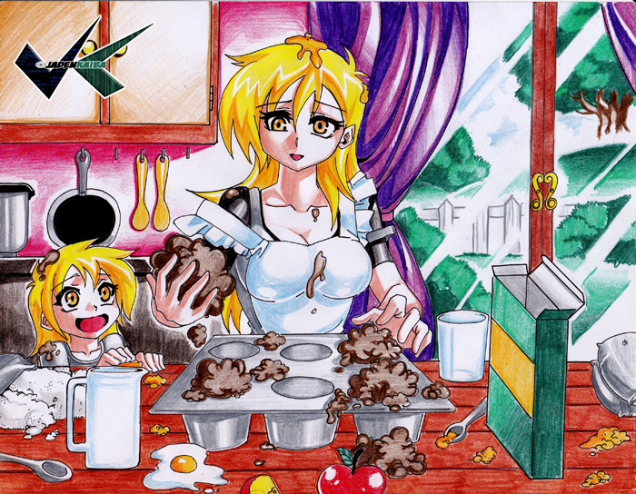 apron blonde_hair clothing cooking derpy_hooves_(mlp) dinky_hooves_(mlp) egg female food friendship_is_magic fruit hair human humanized jadenkaiba kitchen mammal messy muffin my_little_pony not_furry smile spoon young
