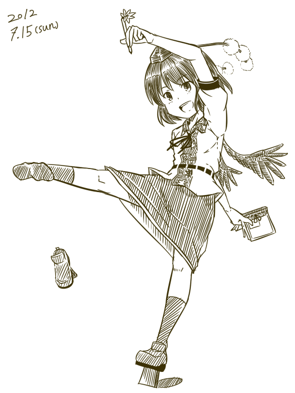 :d book dated feathered_wings geta hat holding holding_book kawashina_(momen_silicon) kicking leaf_print looking_at_viewer monochrome neck_ribbon notebook open_book open_mouth pen pom_pom_(clothes) ribbon shameimaru_aya shoe_loss shoes shoes_removed short_hair single_shoe sketch skirt smile solo tengu-geta tokin_hat touhou white_background wings