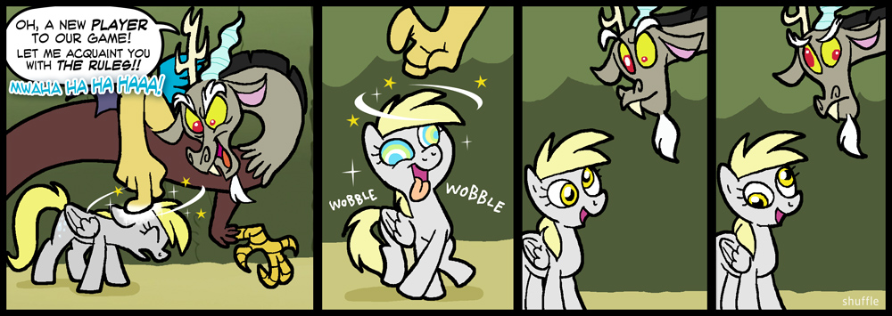 antlers blonde_hair comic cutie_mark derp derpy_hooves_(mlp) dialog dialogue discord_(mlp) draconequus english_text equine female feral friendship_is_magic fur grey_body grey_fur hair horn horse itchymango male mammal my_little_pony pegasus pony red_eyes shuffle001 text wings yellow_eyes