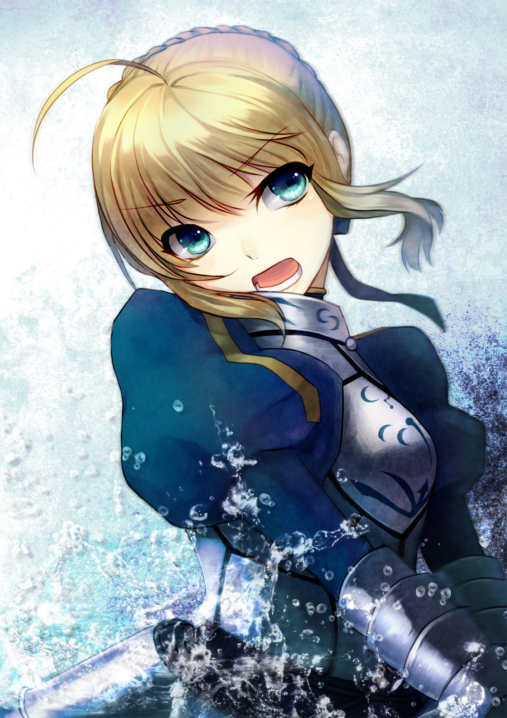 ahoge armor armored_dress artoria_pendragon_(all) bad_id bad_pixiv_id blonde_hair blue_eyes fate/stay_night fate_(series) faulds gauntlets hair_ribbon highres juliet_sleeves long_sleeves open_mouth puffy_sleeves reniirean ribbon saber solo water