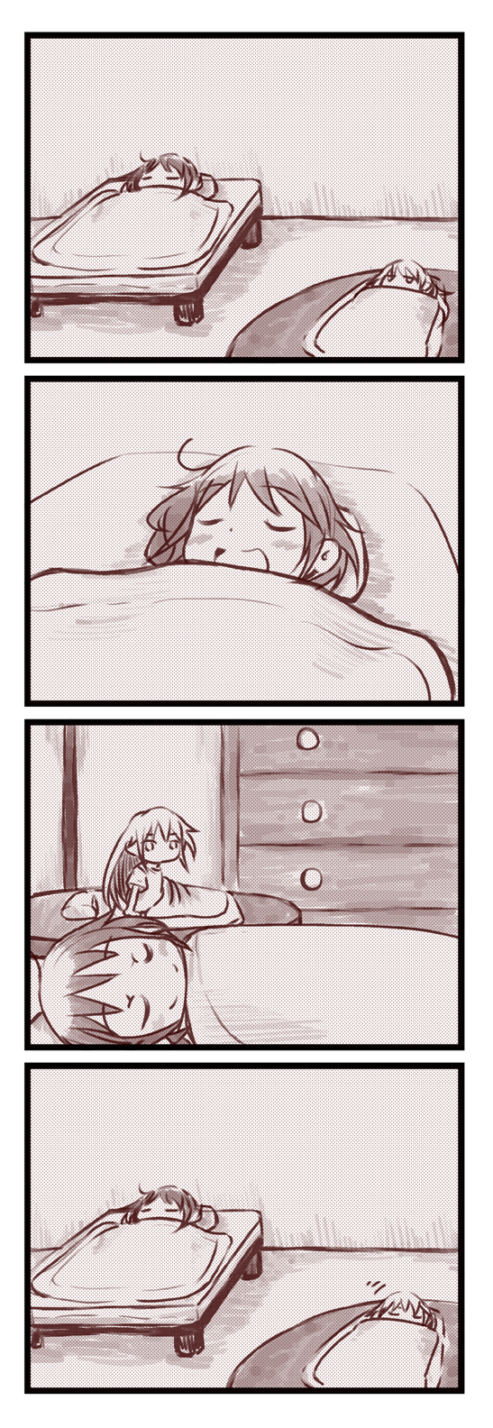 comic highres kill_me_baby long_hair minigirl monochrome multiple_girls oribe_yasuna short_hair sleeping smile sonya_(kill_me_baby) zundacroquette