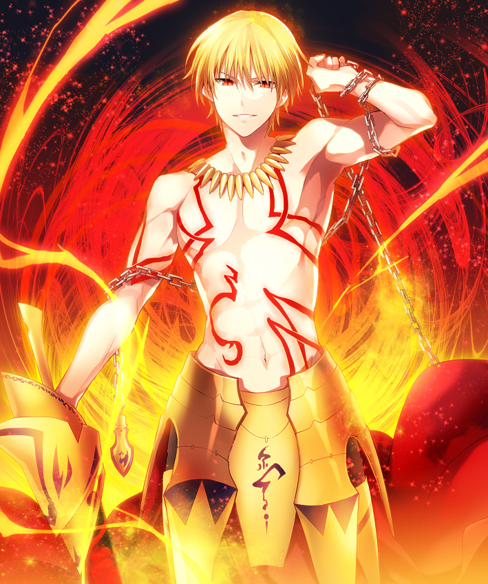 blonde_hair bloom chain ea_(fate/stay_night) enkidu_(weapon) fate/hollow_ataraxia fate/stay_night fate_(series) fire gilgamesh jewelry kuroemon male_focus necklace red_eyes shirtless solo tattoo weapon