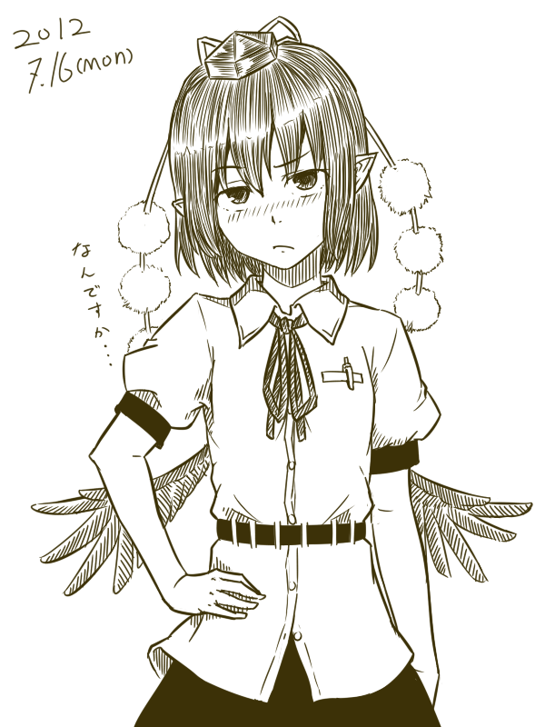 :/ belt blush dated feathered_wings hand_on_hip hat kawashina_(momen_silicon) looking_at_viewer monochrome neck_ribbon pen pointy_ears pom_pom_(clothes) ribbon shameimaru_aya shirt short_hair simple_background sketch solo tokin_hat touhou translated white_background wings