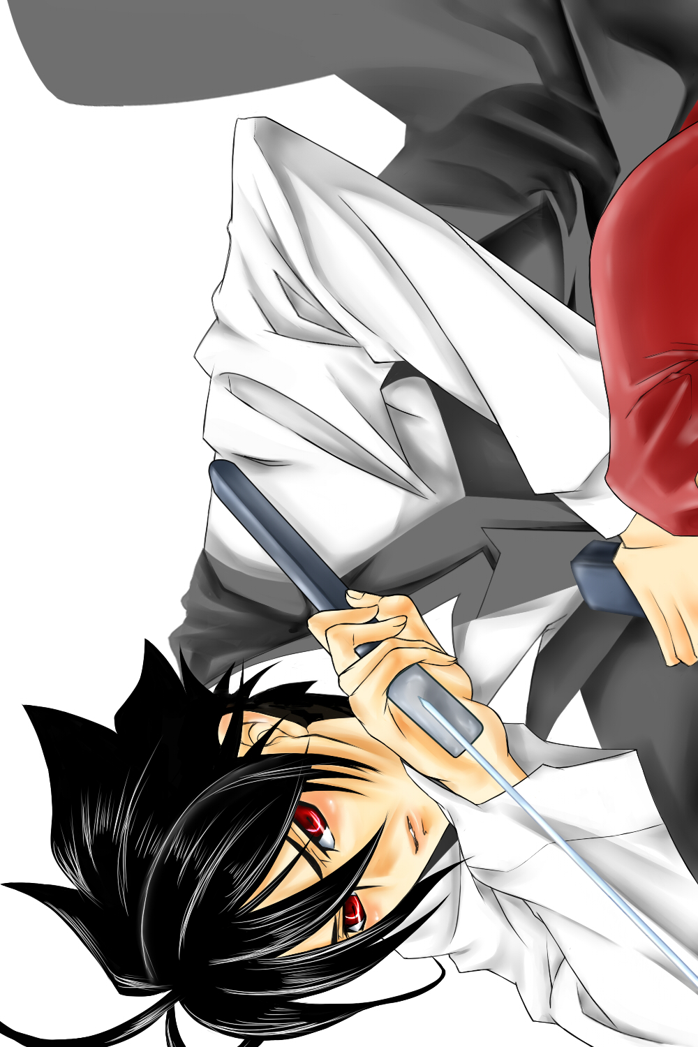 ahoge black_hair highres knife male male_focus monochrome_factor red_eyes short_hair simple_background solo weapon