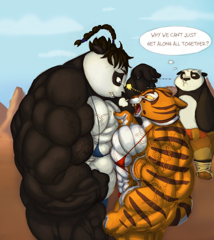 abs angry bear biceps big_muscles bikini bodybuilder breasts clothed clothing dialog dialogue eye_contact fan_character fangs feline female flat_chested gettar82 hyper hyper_muscles kung_fu_panda male mammal master_tigress muscles muscular_female original_character panda po ritualist skimpy swimsuit text tiger tight_clothing vein veins