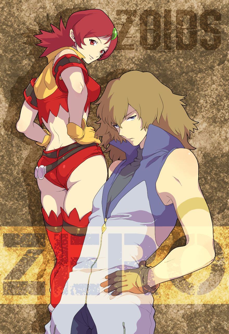 1girl ass back bad_id bad_pixiv_id ballad_hunter bare_shoulders belt blue_eyes boots brown_hair crop_top gloves hair_ornament hands_on_hips highres kudou_akira long_hair looking_back naomi_fluegel red_eyes red_hair short_shorts shorts thigh_boots thighhighs zoids zoids_shinseiki/zero