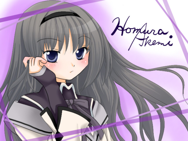 akemi_homura black_hair blue_hair blush character_name hairband long_hair mahou_shoujo_madoka_magica solo upper_body yuzuna99