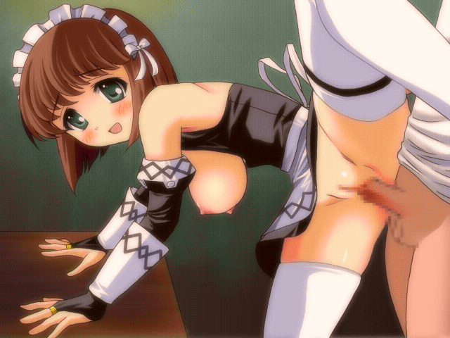 animated animated_gif blush breasts brown_hair censored green_eyes happy large_breasts looking_at_viewer maid nipples no_panties open_mouth penis pussy sex short_hair socks source_request spread_legs