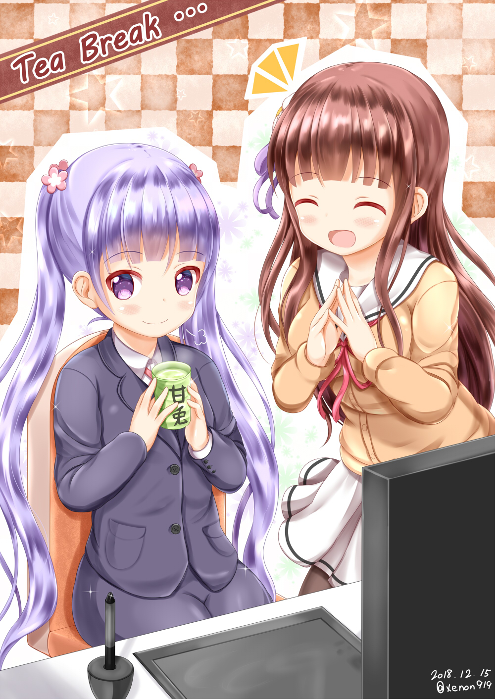 2girls :d ^_^ bangs black_jacket black_skirt blush brown_cardigan brown_legwear cardigan chair checkered checkered_background closed_eyes collared_shirt commentary_request company_connection cup dated drawing_tablet eyebrows_visible_through_hair eyes_closed facing_another formal gochuumon_wa_usagi_desu_ka? hair_ribbon highres holding holding_cup jacket long_hair manga_time_kirara multiple_girls neck_ribbon new_game! office_chair on_chair open_mouth pantyhose purple_eyes purple_hair purple_ribbon red_ribbon ribbon sailor_collar shirt sidelocks sitting skirt skirt_suit smile standing star steepled_fingers stylus suit suzukaze_aoba tea twintails twitter_username ujimatsu_chiya very_long_hair white_sailor_collar white_shirt white_skirt yunomi zenon_(for_achieve)