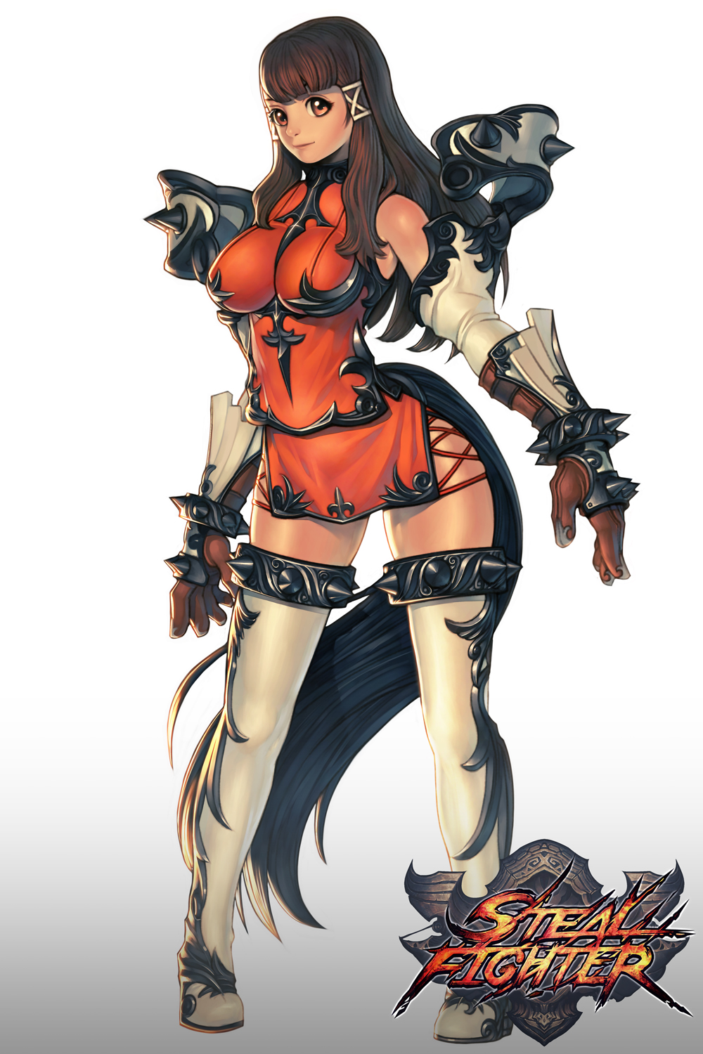 alien1452 boots breasts brown_eyes brown_gloves brown_hair character_request copyright_name full_body gloves gradient gradient_background hair_ribbon highres large_breasts long_hair pauldrons ribbon simple_background smile solo steal_fighter thigh_boots thighhighs vambraces white_legwear