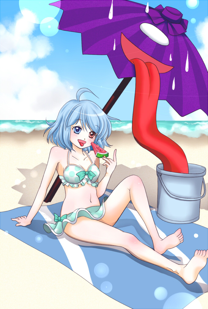 ahoge bare_legs barefoot beach bikini blue_eyes blue_hair bucket commentary_request food heterochromia karakasa_obake navel open_mouth polka_dot polka_dot_bikini polka_dot_swimsuit popsicle purple_umbrella red_eyes short_hair smile solo sweat swimsuit tatara_kogasa tongue tongue_out touhou towel umbrella watermelon_bar yuzuna99