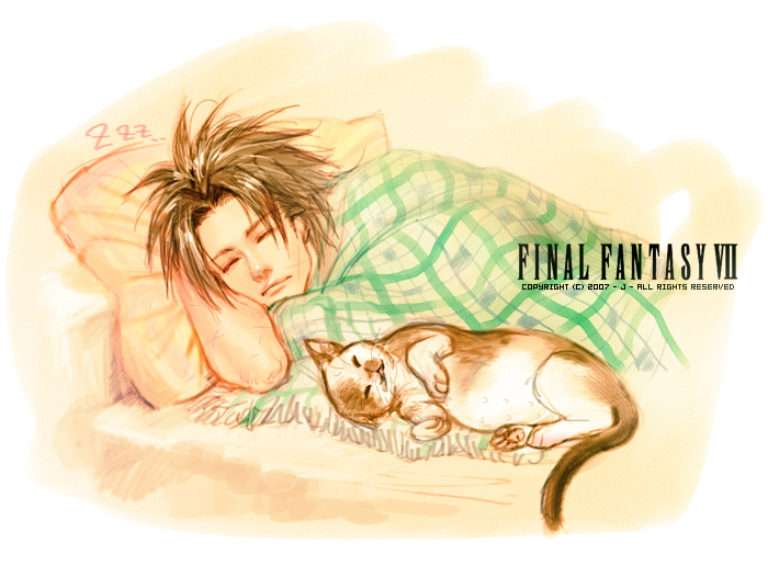 blanket brown_hair cat final_fantasy final_fantasy_vii j_(onose1213) male_focus sleeping solo zack_fair