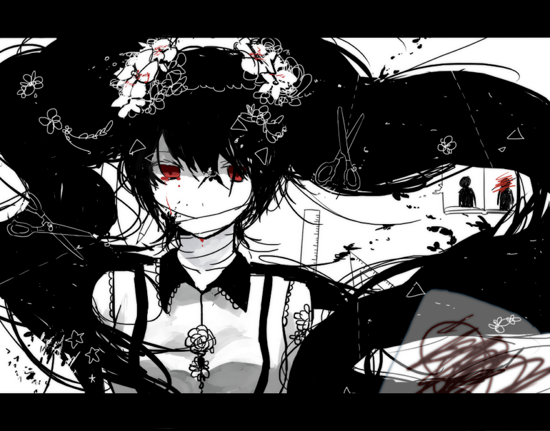 bad_id bad_pixiv_id bandages black_hair flower hair_flower hair_ornament hatsune_miku heiwa_(murasiho) long_hair looking_at_viewer monochrome red_eyes solo spot_color twintails vocaloid