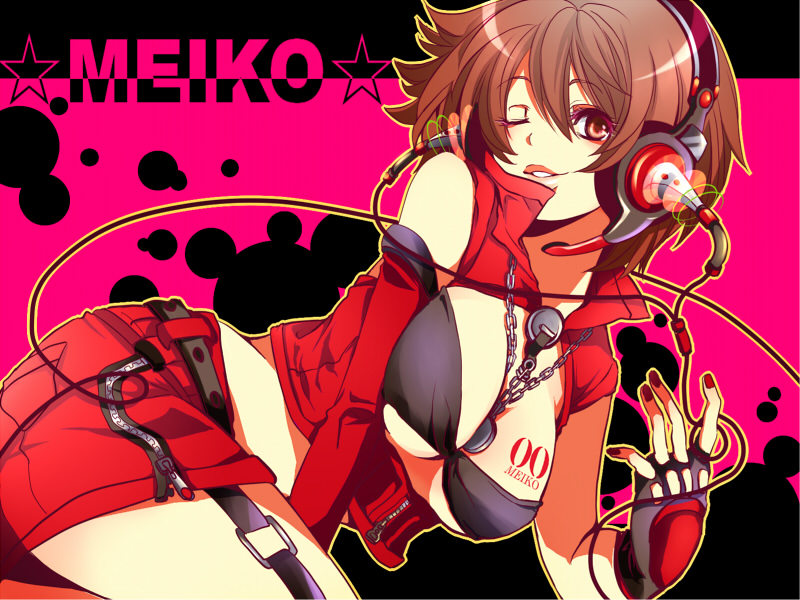 74x bad_id bad_pixiv_id breasts brown_eyes brown_hair cleavage headphones headset jewelry large_breasts looking_at_viewer meiko necklace one_eye_closed short_hair skirt smile solo vocaloid