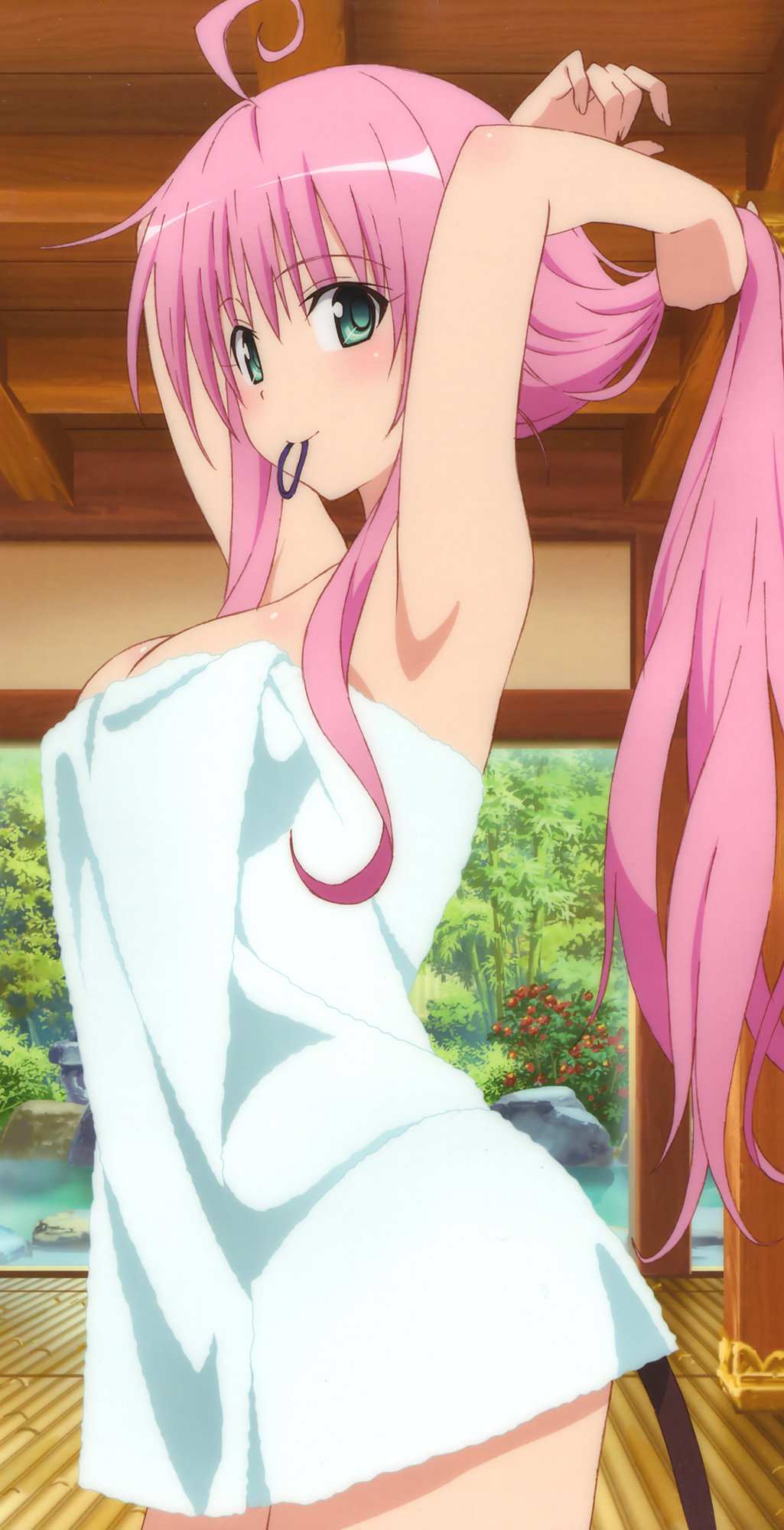 ahoge green_eyes highres lala_satalin_deviluke long_hair mouth_hold naked_towel non-web_source official_art pink_hair solo tail to_love-ru towel very_long_hair