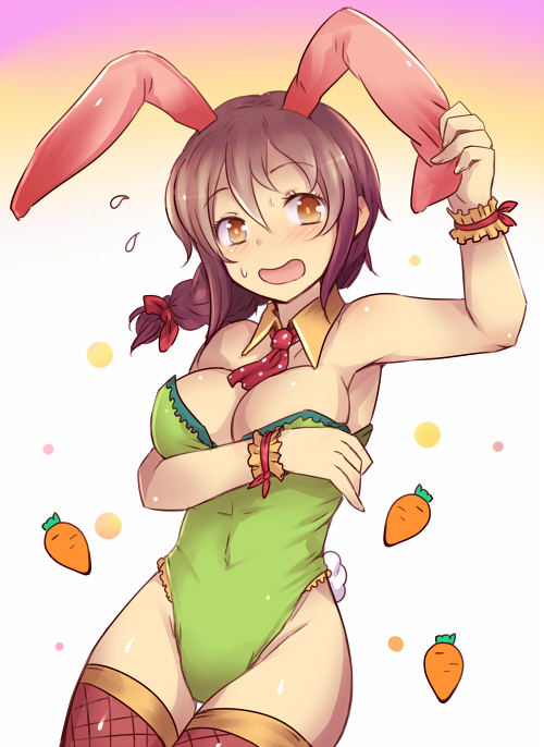 animal_ears blush breasts bunny_ears bunny_girl bunny_tail bunnysuit carrot cleavage detached_collar flying_sweatdrops idolmaster idolmaster_cinderella_girls kara_(color) large_breasts open_mouth senkawa_chihiro short_hair solo tail thighhighs wrist_cuffs yellow_eyes