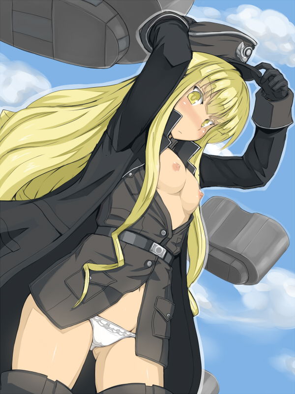 arms_up bad_id bad_pixiv_id black_gloves blonde_hair blush breasts daiteikoku gloves groin hand_on_headwear hat itou_ryuusei long_hair looking_at_viewer nipples no_bra panties retia_adolf small_breasts solo thighhighs underwear white_panties yellow_eyes