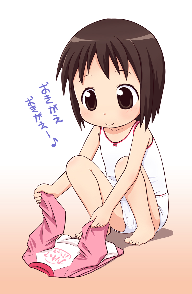bad_id bad_pixiv_id barefoot blush brown_eyes brown_hair child clothes clothes_on_floor clothes_removed copyright_request gradient gradient_background mika-shi pajamas panties short_hair simple_background sitting smile solo tank_top translated underwear