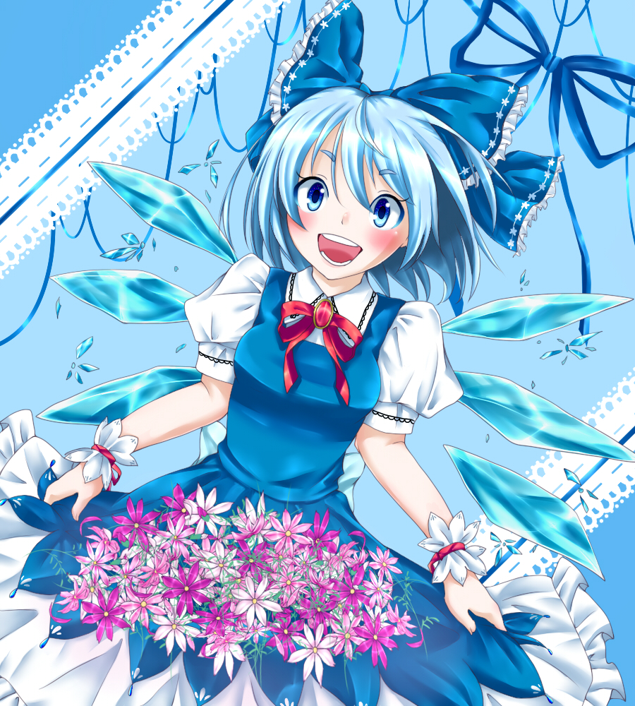 blue_eyes blue_hair blush bow brooch cirno dress flower hair_bow ice ice_wings jewelry open_mouth puffy_sleeves reduction ribbon short_hair short_sleeves skirt_basket smile solo touhou wings wrist_cuffs wrist_ribbon