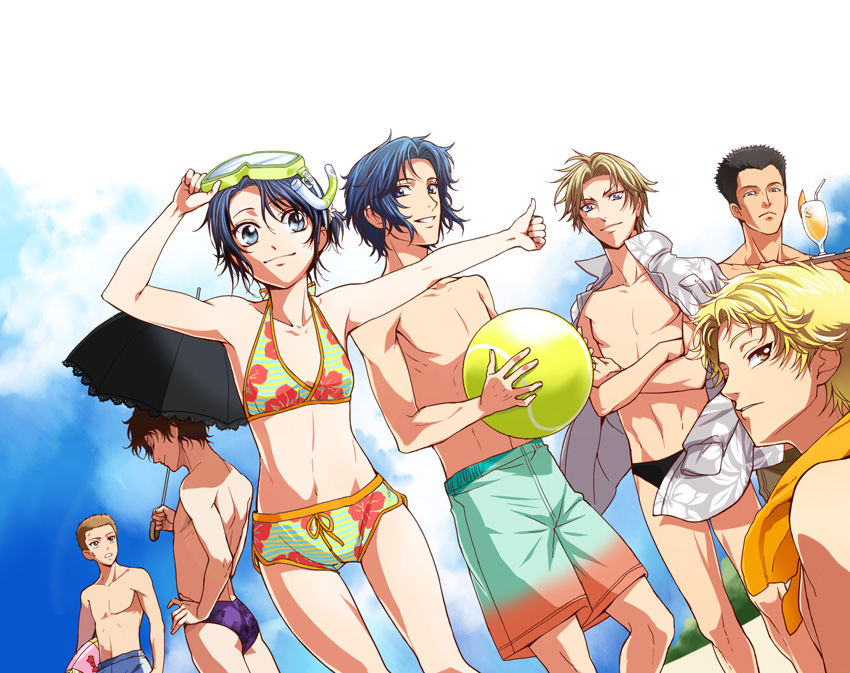 6+boys ball beachball bikini character_request chikariya dutch_angle innertube male_swimwear multiple_boys shorts swim_briefs swimsuit swimwear tennis_no_ouji-sama tsujimoto_ayaka umbrella yukimura_seiichi