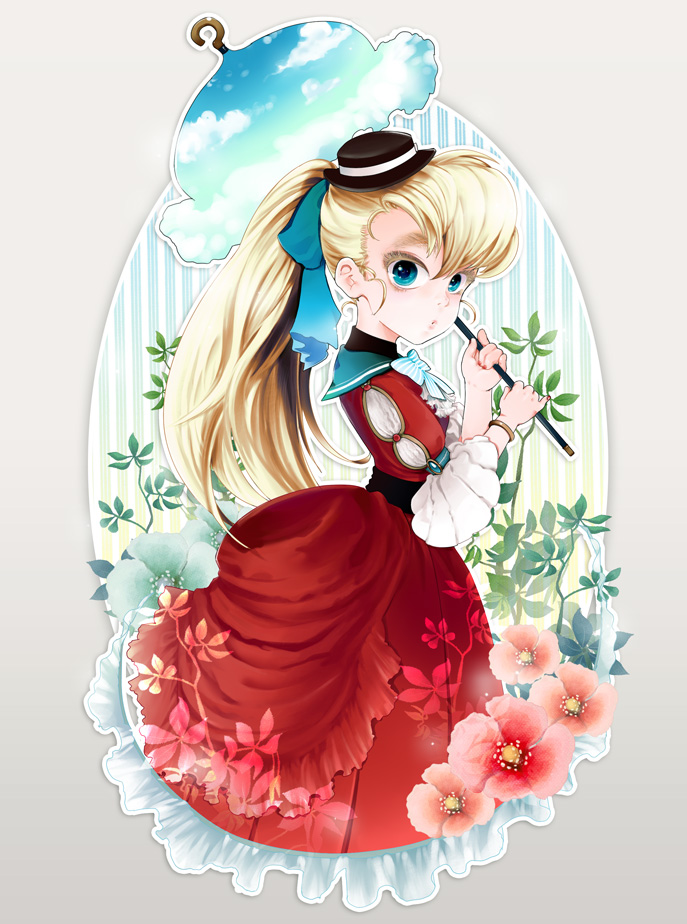 bad_id bad_pixiv_id blonde_hair blue_eyes bracelet bustle colored_eyelashes dress eyebrows flower gown hat jewelry long_hair looking_at_viewer oitan original parasol ponytail red_dress sky solo striped striped_background umbrella victorian