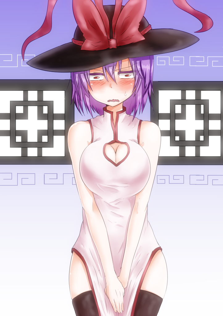 alternate_costume black_legwear blush bow breasts china_dress chinese_clothes cleavage cleavage_cutout constricted_pupils dress embarrassed hat hat_bow large_breasts nagae_iku open_mouth purple_hair red_eyes short_hair solo takorice thighhighs touhou v_arms