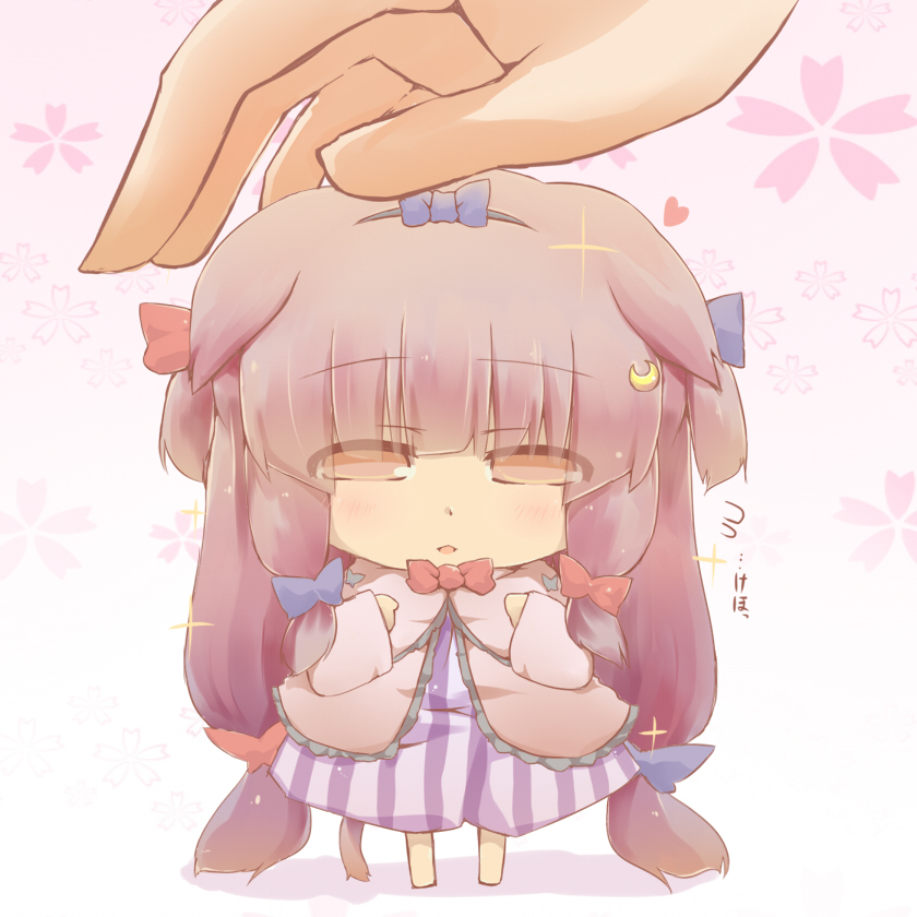 animal_ears blush bow cat_ears cat_tail catchouli chibi crescent crescent_hair_ornament hair_ornament hands hazuki_ruu kemonomimi_mode long_hair long_sleeves minigirl no_hat no_headwear open_mouth out_of_frame patchouli_knowledge purple_eyes purple_hair smile solo_focus sparkle tail touhou very_long_hair