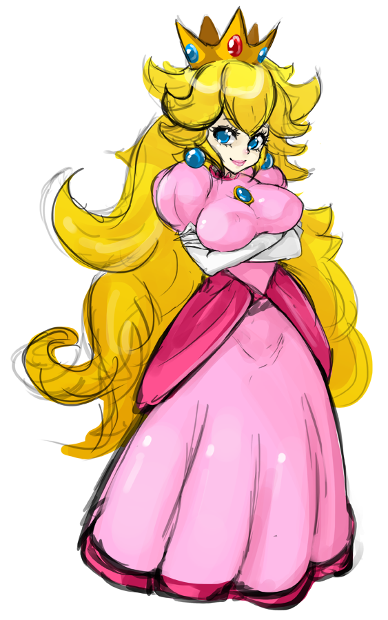 blonde_hair blue_eyes breast_hold breasts crossed_arms crown dress earrings elbow_gloves full_body gem gloves gown impossible_clothes jewelry large_breasts lips long_hair mario_(series) pink_dress princess_peach puffy_sleeves slugbox smile solo super_mario_bros. transparent_background very_long_hair wavy_hair white_gloves