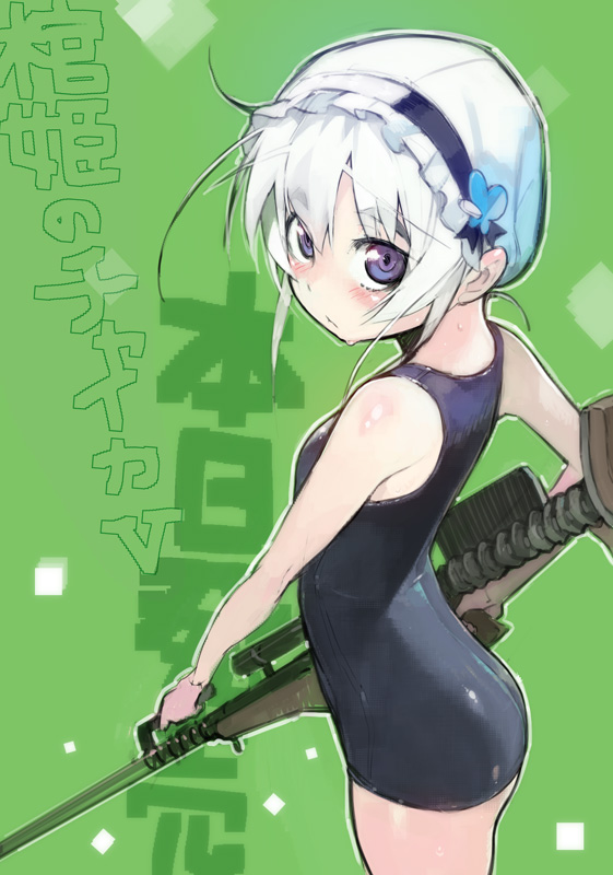 blue_eyes blush body_blush chaika_trabant check_translation green_background gun hitsugi_no_chaika holding looking_at_viewer namaniku_atk one-piece_swimsuit outline school_swimsuit short_hair simple_background sketch solo swim_cap swimsuit text_focus translated translation_request weapon wet white_hair