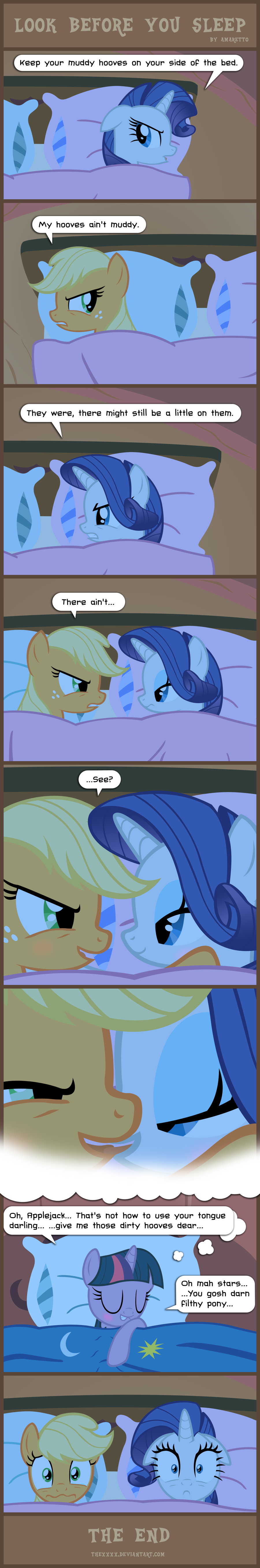 2011 applejack_(mlp) awkward bed blush comic english_text equine female friendship_is_magic green_eyes hair horn horse imagination kissing lesbian looking_at_viewer multi-colored_hair my_little_pony pillow pony rarity_(mlp) thexxxx twilight_sparkle_(mlp) unicorn