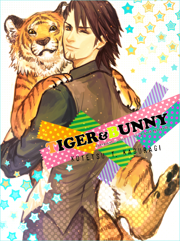 brown_eyes brown_hair character_name copyright_name facial_hair j_(onose1213) kaburagi_t_kotetsu male_focus one_eye_closed solo stubble tiger tiger_&amp;_bunny vest waistcoat