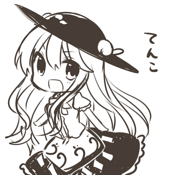 chibi hat hinanawi_tenshi long_hair looking_at_viewer monochrome open_mouth simple_background sketch smile solo touhou white_background yuya_(night_lily)