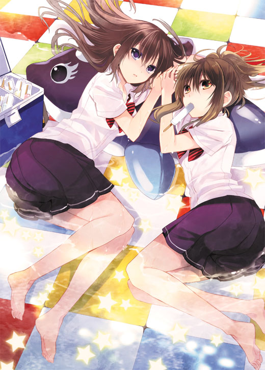 barefoot blue_eyes brown_hair checkered checkered_floor food inflatable_dolphin inflatable_toy long_hair looking_at_viewer lying mouth_hold multiple_girls on_side orange_eyes original popsicle school_uniform shirt skirt star wemu_(ivycrown) white_shirt