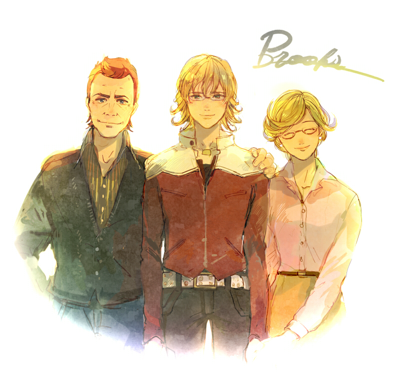 2boys bad_id bad_pixiv_id barnaby_brooks_jr barnaby_brooks_sr blonde_hair brown_hair cardigan earrings emily_brooks family glasses hand_on_shoulder jacket jewelry multiple_boys red_jacket short_hair tamaccolo tiger_&amp;_bunny time_paradox