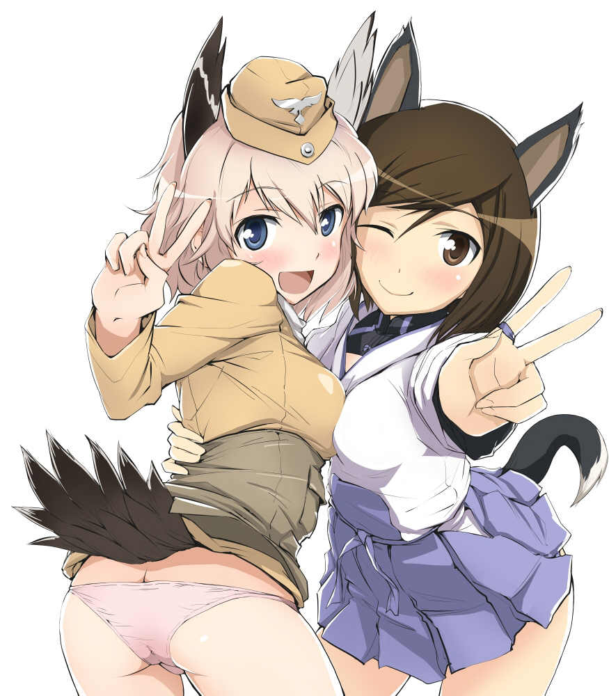 :d ;) animal_ears blue_eyes blue_skirt blush breasts brown_eyes brown_hair butt_crack buttons garrison_cap hat hi-ho- kuroda_kunika looking_at_viewer medium_breasts multiple_girls no_pants noble_witches one_eye_closed open_mouth panties pink_panties pleated_skirt raisa_pottgen short_hair silver_hair simple_background skirt smile tail underwear v white_background world_witches_series