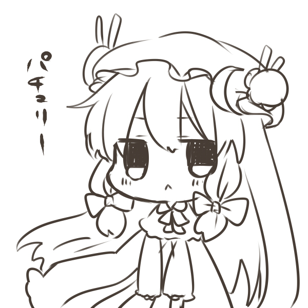 :&lt; chibi long_hair looking_at_viewer monochrome patchouli_knowledge sketch solo touhou yuya_(night_lily)