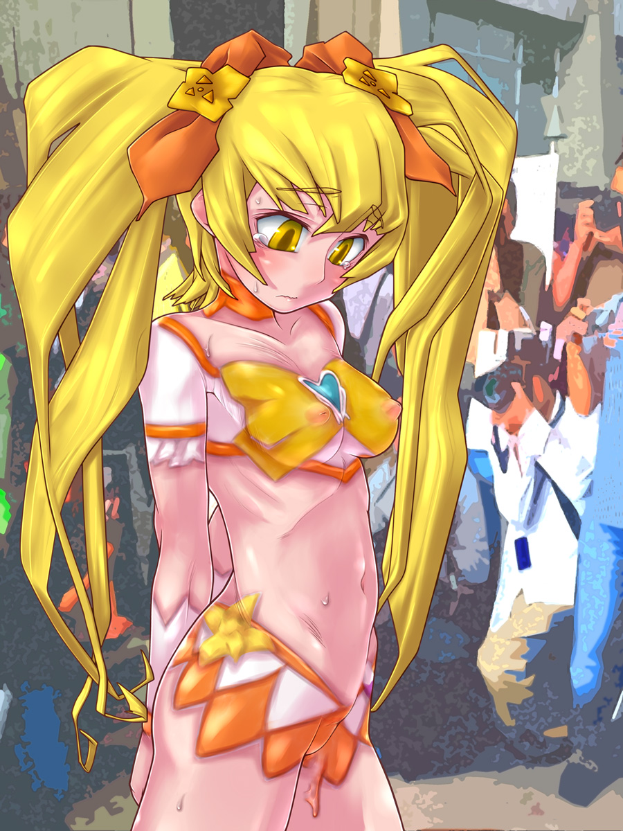 arms_behind_back blonde_hair blush bodypaint bow breasts choker cure_sunshine embarrassed exhibitionism hair_ribbon heartcatch_precure! highres long_hair medium_breasts myoudouin_itsuki naked_paint nipples nude orange_bow orange_choker painted_clothes photographer precure puffy_nipples raplus ribbon solo_focus sweat tears twintails yellow_bow yellow_eyes