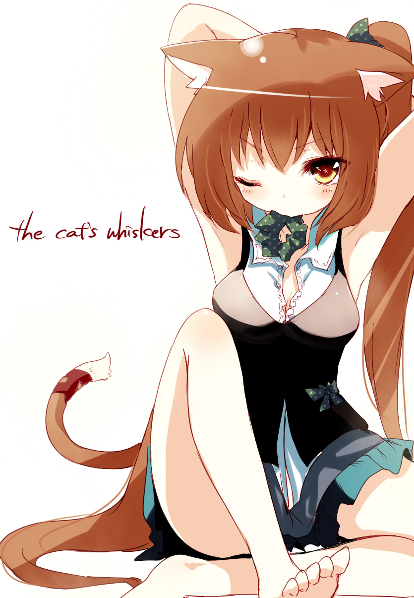adjusting_hair animal_ear_fluff animal_ears armpits arms_up barefoot bow breasts cat_ears cat_tail duplicate highres long_hair medium_breasts mouth_hold naomi_(sekai_no_hate_no_kissaten) neko_(naomi) one_eye_closed original pleated_skirt scrunchie sitting skirt solo tail