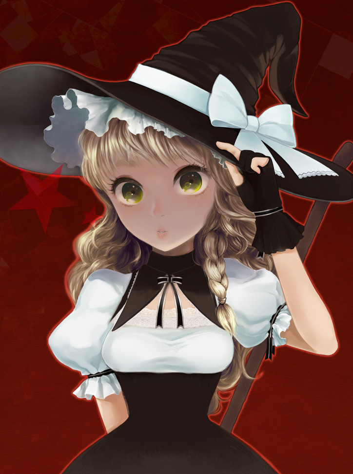 bad_id bad_pixiv_id blonde_hair bow braid eyelashes fingerless_gloves gloves green_eyes hand_on_headwear hat hat_bow kirisame_marisa lace lips looking_at_viewer oitan parted_lips puffy_short_sleeves puffy_sleeves red_background ribbon short_sleeves side_braid solo star touhou upper_body white_bow witch witch_hat