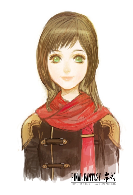 akademeia_uniform brown_hair copyright_name deuce_(fft-0) final_fantasy final_fantasy_type-0 green_eyes j_(onose1213) logo long_hair red_scarf scarf simple_background smile solo upper_body white_background