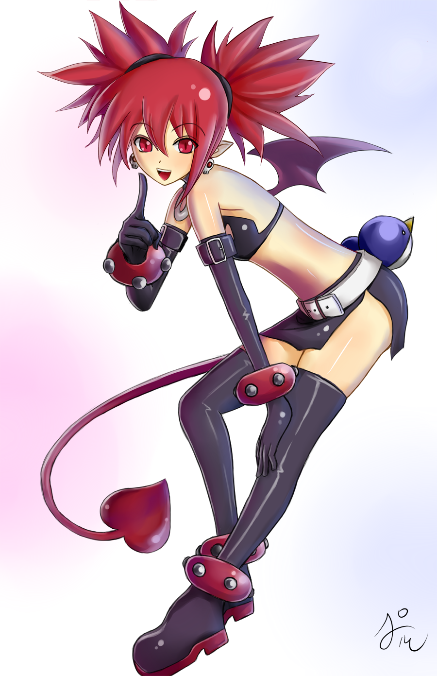 belt bent_over bikini_top black_footwear black_gloves boots demon_girl demon_tail demon_wings disgaea dress earrings elbow_gloves etna full_body gloves highres index_finger_raised jewelry miniskirt open_mouth pointy_ears red_eyes red_hair side_slit signature skirt skull_earrings smile solo tail terabytes thigh_boots thighhighs twintails wings wrist_cuffs