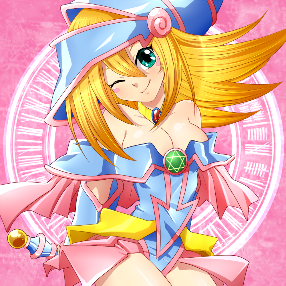 bad_id bad_pixiv_id bare_shoulders blonde_hair blush blush_stickers boots breasts choker cleavage dark_magician_girl detached_sleeves duel_monster green_eyes hat hexagram magic_circle medium_breasts minmin-zemi_(lover_paradox) one_eye_closed pentacle pink_background smile solo staff wand wizard_hat yuu-gi-ou yuu-gi-ou_duel_monsters